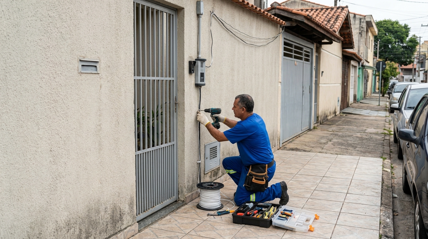 Eletricista instalando interfone em Franca‑SP